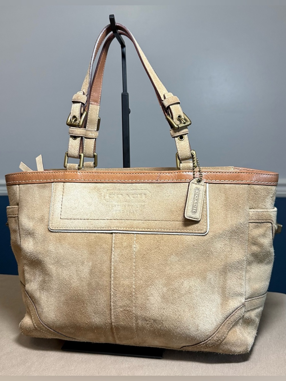Coach Vintage Suede Beige Tote Bag with Leather Trim- No-F05Q-8B03